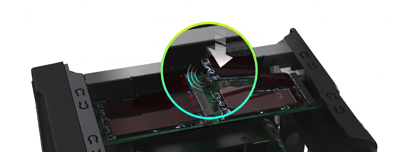 Interior do NAS Asustor AS6704T V2 mostrando placa-mae e arquitetura interna premium