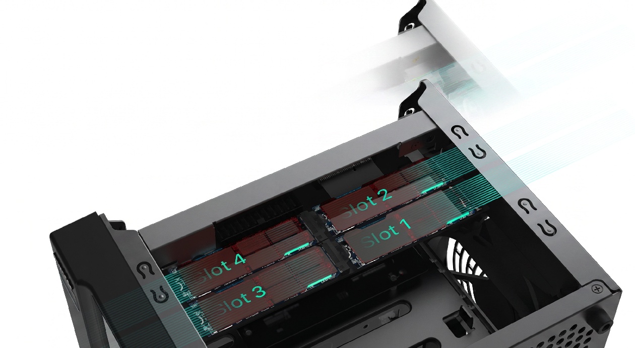 4 slots M.2 2280 NVMe dedicados no NAS Asustor AS6704T V2 para cache SSD de alta performance