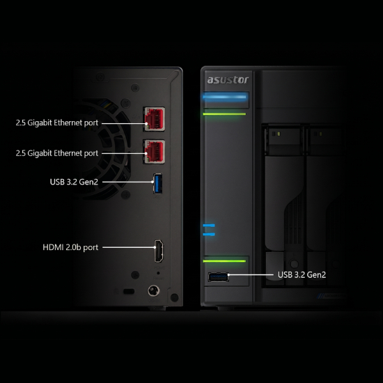 Painel frontal e traseiro do NAS Asustor AS6702T V2 com todas as portas 2.5GbE USB HDMI e baias