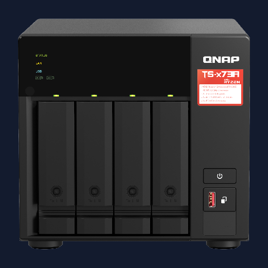 NAS QNAP TS-473A-8G da familia AMD Ryzen TS-x73A com 4 baias de disco LEDs amarelos botao de energia e porta USB