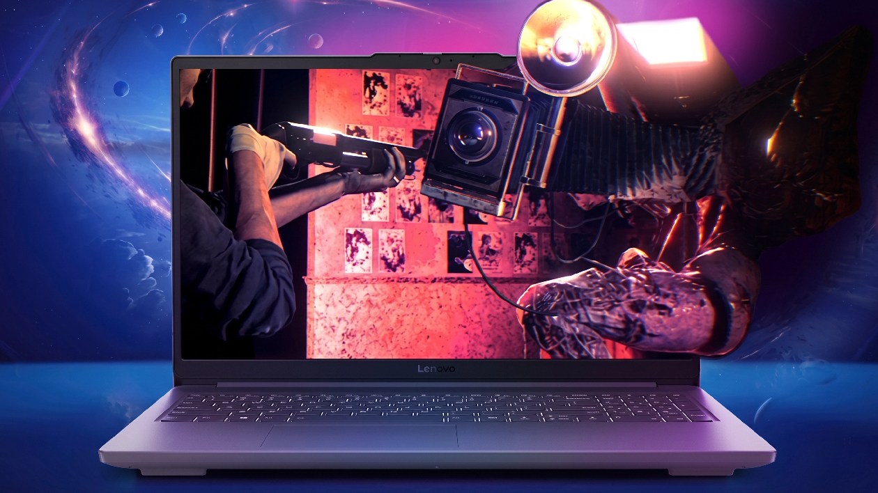 Notebook gamer Lenovo LOQ 15IAX9E Luna Grey com tela exibindo gr&aacute;fico futurista e teclado retroiluminado em fundo estilizado