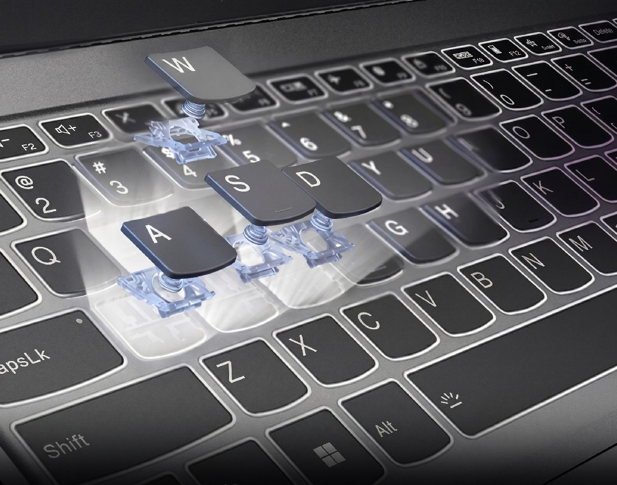Close-up do teclado do notebook gamer Lenovo LOQ 15IAX9E mostrando teclas WASD destacadas com estrutura mec&acirc;nica vis&iacute;vel e retroilumina&ccedil;&atilde;o branca