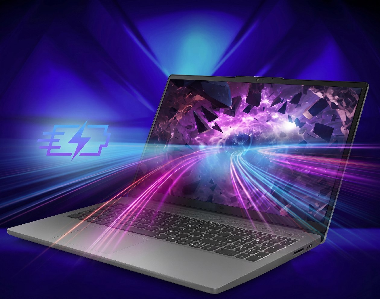 Notebook gamer Lenovo LOQ 15IAX9E Luna Grey em &acirc;ngulo semi-aberto com &iacute;cone de raio e luzes neon focando no teclado e tela com gr&aacute;fico de jogo