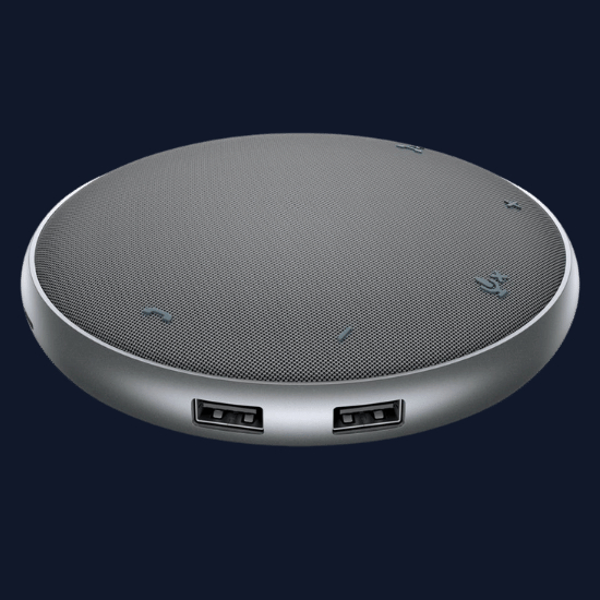 Mobile Speakerphone Dell MH3021P em angulo frontal mostrando grade do alto-falante e portas USB-A na base