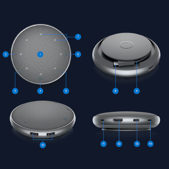 Mobile Speakerphone Dell MH3021P em quatro angulos mostrando grade do alto-falante logo Dell portas HDMI USB-A USB-C microfone e botões numerados