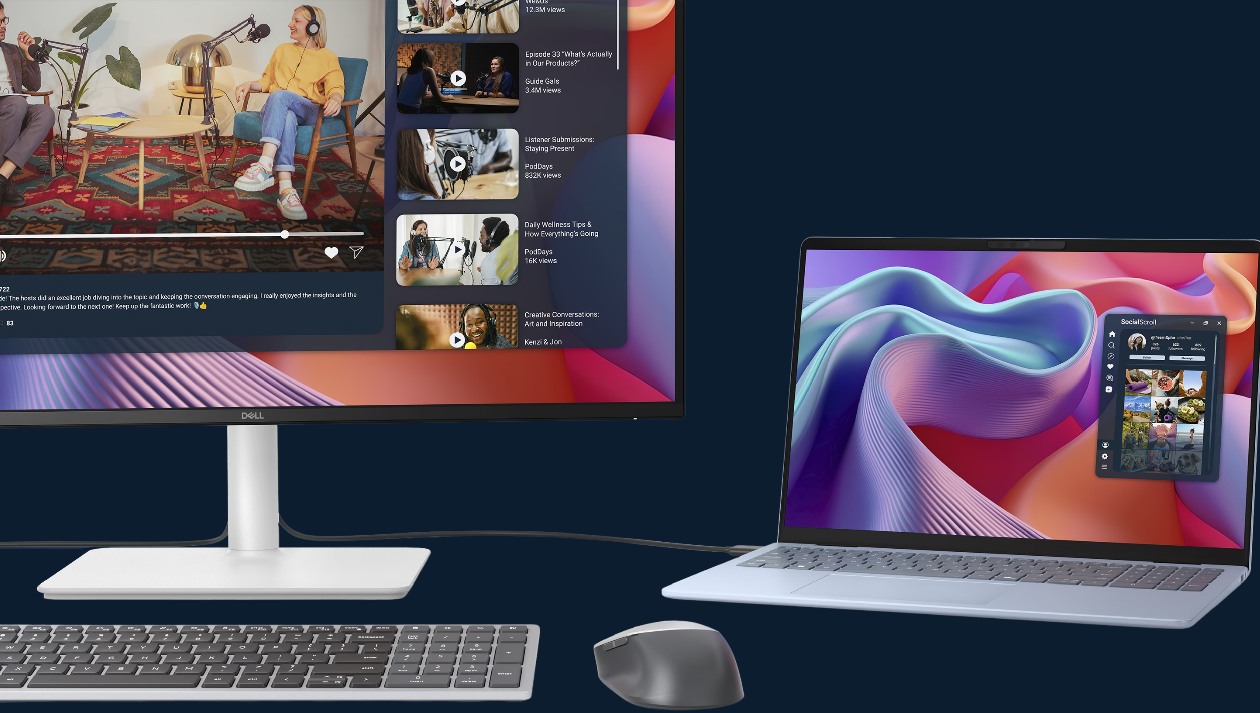 Monitor Dell S2725DC Plus branco frontal com tela acesa logo DELL visivel suporte metalico e notebook ao lado