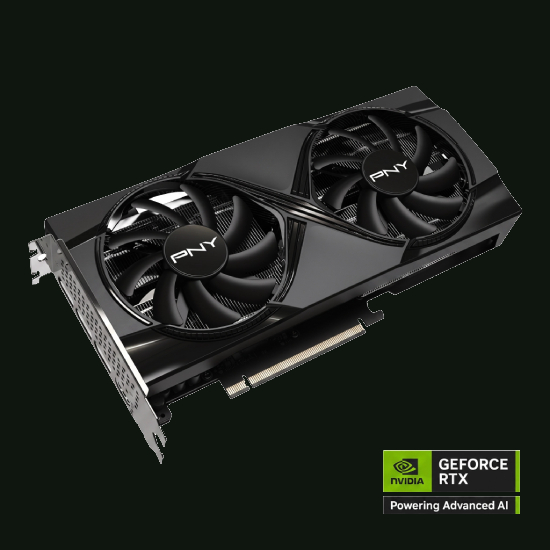 Placa de video PNY GeForce RTX 5060 Ti 16GB GDDR7 Dual Fan OC em angulo frontal com shroud preto e ventoinhas