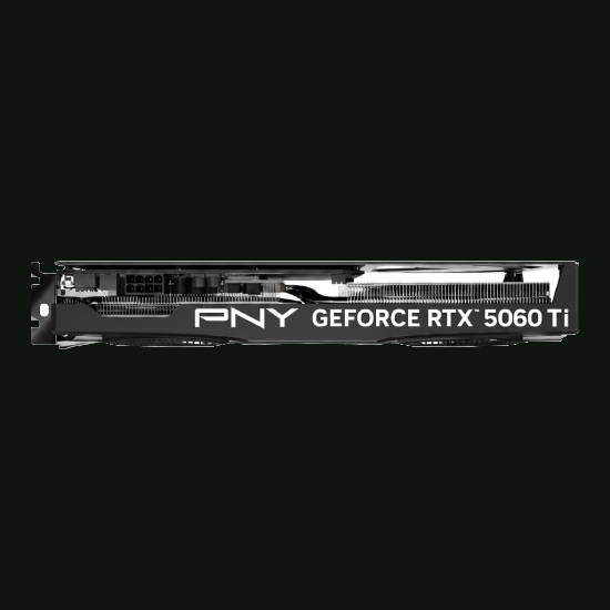 Lateral da placa de video PNY GeForce RTX 5060 Ti 16GB GDDR7 mostrando o texto PNY GEFORCE RTX 5060 Ti no shroud