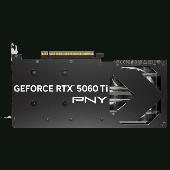 Traseira da placa de video PNY GeForce RTX 5060 Ti 16GB GDDR7 mostrando backplate com texto GEFORCE RTX 5060 Ti e PNY
