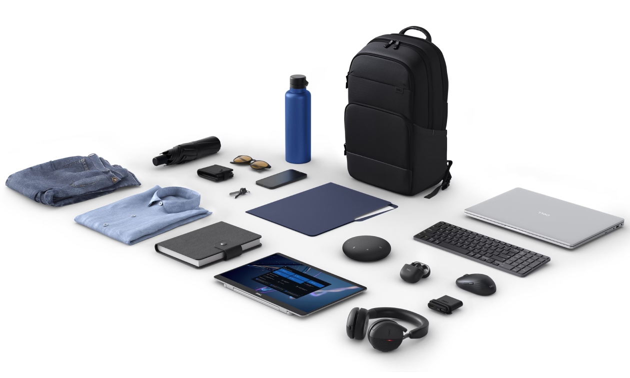 Mochila Dell Pro Plus EcoLoop CP5626 frontal com notebook tablet teclado mouse e fones organizados ao redor