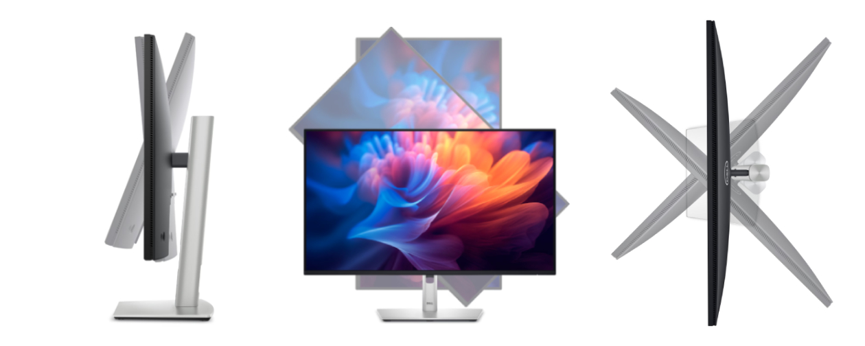 Monitor Dell P2725H Pro Plus em quatro angulos mostrando lateral frontal inferior e traseira com portas