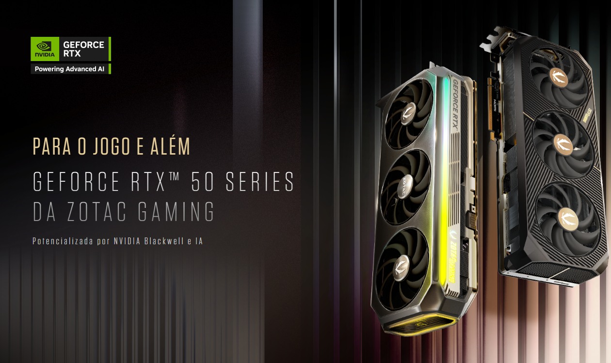 Duas placas de v&iacute;deo Zotac GeForce RTX 50 Series em &acirc;ngulo frontal com shroud prateado e LED amarelo ao lado de branding da Nvidia