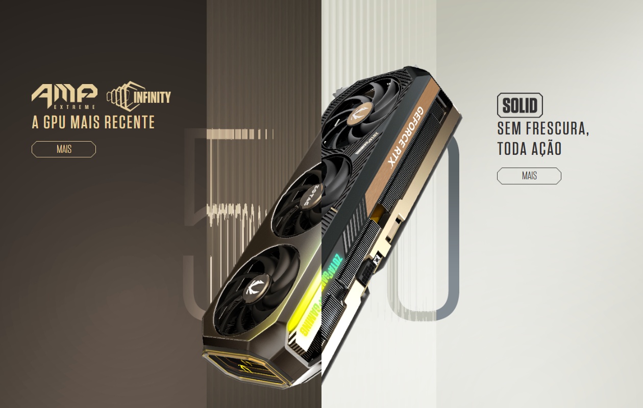 Placa de v&iacute;deo Zotac GeForce RTX 5070 em &acirc;ngulo diagonal mostrando design do shroud preto e dourado com tr&ecirc;s ventoinhas e RGB amarelo