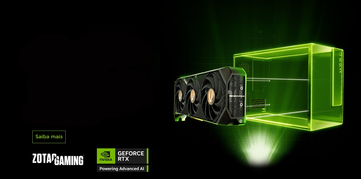 Placa de v&iacute;deo Zotac GeForce RTX 5070 em &acirc;ngulo frontal com tr&ecirc;s ventoinhas e shroud preto ao lado de estrutura de PC em neon verde