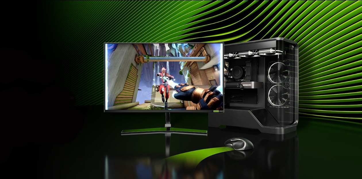 Setup de PC gaming com monitor exibindo jogo gabinete transparente com ventoinhas e fundo verde estilizado