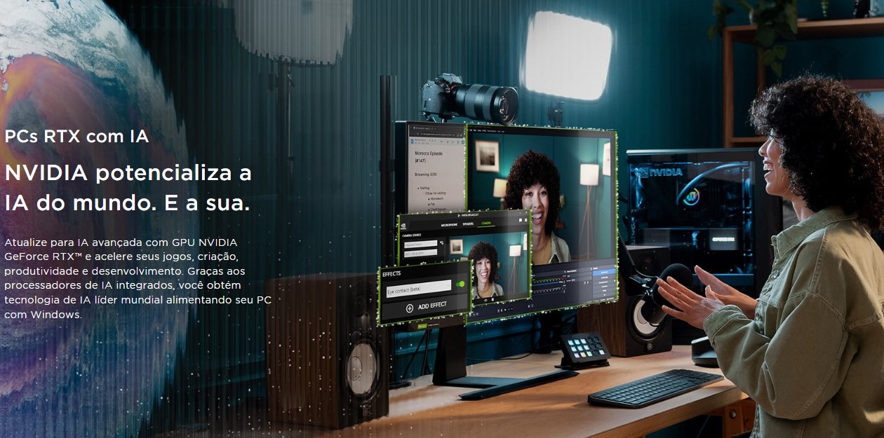 Placa de v&iacute;deo Zotac GeForce RTX 5070 em setup de est&uacute;dio com monitores c&acirc;mera e pessoa interagindo com o sistema