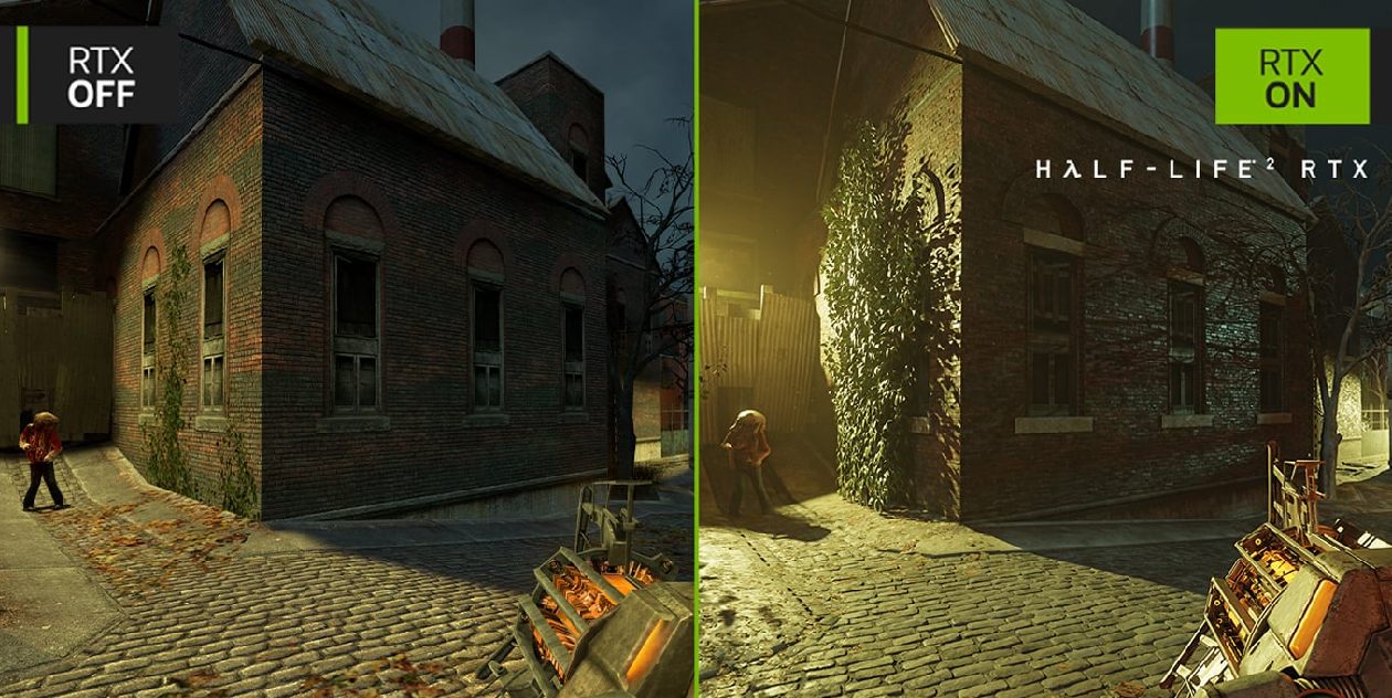 Compara&ccedil;&atilde;o de cenas do jogo Half-Life 2 com e sem Ray Tracing mostrando RTX OFF &agrave; esquerda e RTX ON &agrave; direita