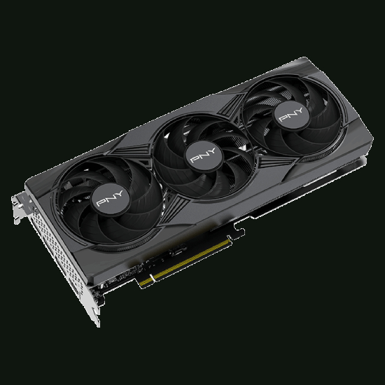 Placa de v&iacute;deo PNY GeForce RTX 5060 Triple Fan ARGB OC em &acirc;ngulo diagonal mostrando tr&ecirc;s ventoinhas e shroud preto com branding PNY GeForce