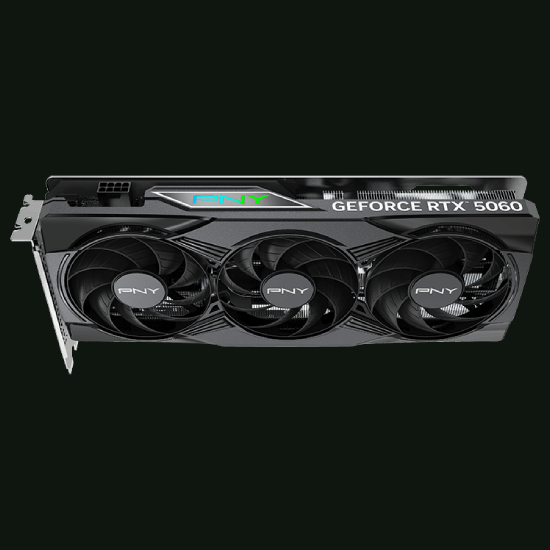 Placa de v&iacute;deo PNY GeForce RTX 5060 em &acirc;ngulo frontal mostrando tr&ecirc;s ventoinhas com logo PNY e branding GeForce RTX 5060 no shroud preto
