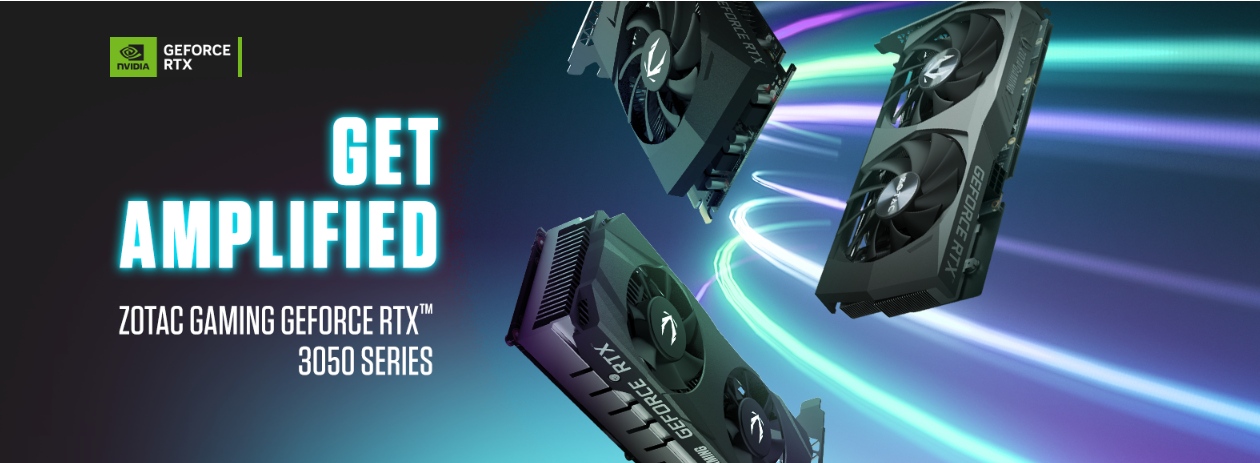 Tr&ecirc;s placas de v&iacute;deo Zotac GeForce RTX 3050 Twin Edge OC em &acirc;ngulos din&acirc;micos mostrando design compacto e branding Zotac Gaming GeForce RTX