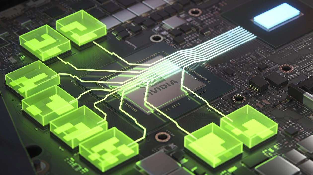 Close-up do chip GPU NVIDIA e PCB da placa Zotac GeForce RTX 3050 6GB Twin Edge OC com efeitos gr&aacute;ficos verdes e branding NVIDIA no die