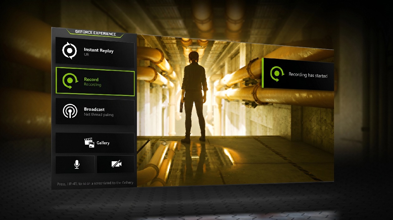 Interface do GeForce Experience com menu Record ativo mostrando jogo em execu&ccedil;&atilde;o e pop-up Recording has started na placa Zotac GeForce RTX 3050