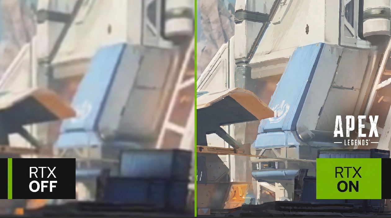 Comparativo lado a lado de Apex Legends com RTX OFF &agrave; esquerda desfocado e RTX ON &agrave; direita n&iacute;tido demonstrando o efeito do Ray Tracing da placa Zotac GeForce RTX 3050