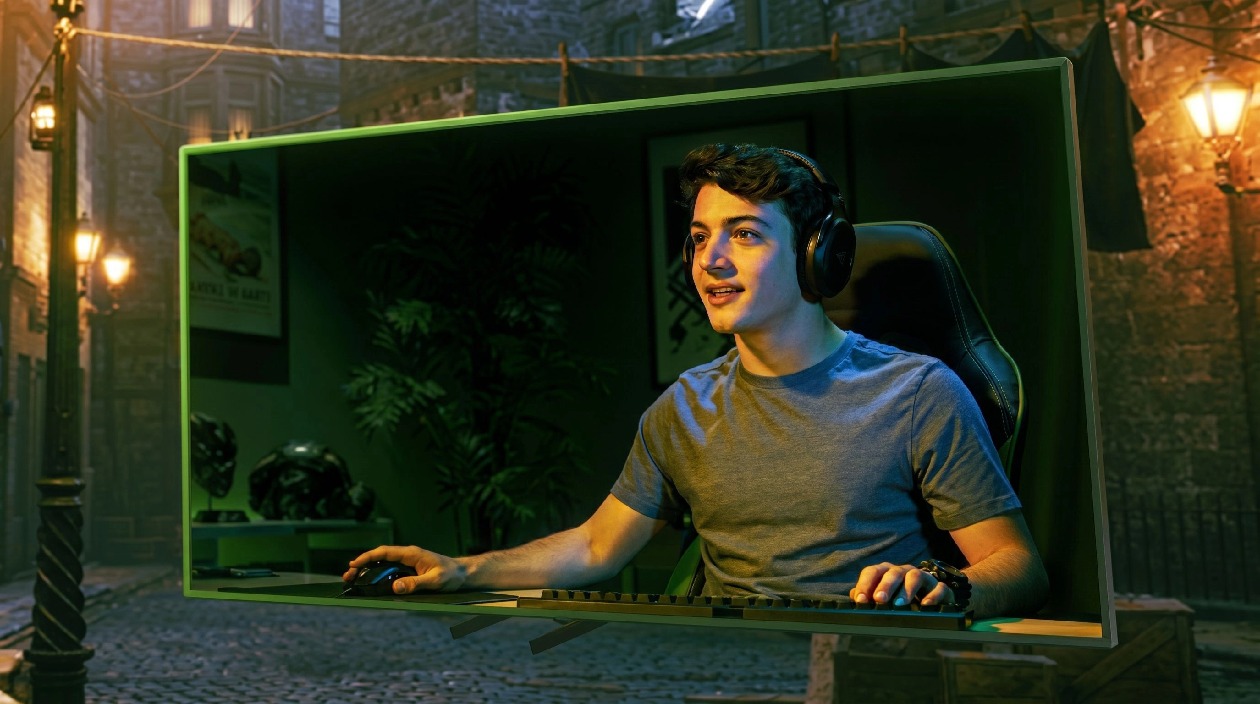 Gamer usando headset e mouse sentado em cadeira com monitor exibindo cena de rua iluminada por lampi&otilde;es simulando experi&ecirc;ncia imersiva de jogo com a placa Zotac GeForce RTX 3050