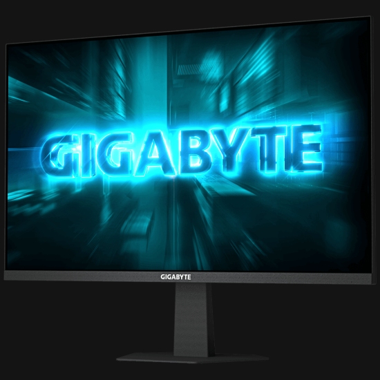 Monitor Gamer Gigabyte GS24F14 em angulo frontal com tela exibindo logo GIGABYTE em azul neon