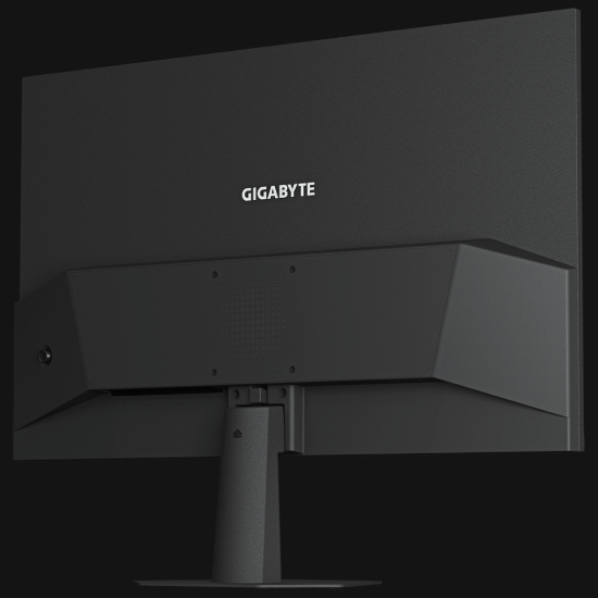 Traseira do Monitor Gamer Gigabyte GS24F14 mostrando painel preto com texto GIGABYTE e suporte em formato de T