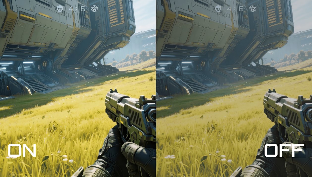 Monitor Gigabyte GS24F14 mostrando comparacao de tecnologia sem cintilacao ON vs OFF em jogo em primeira pessoa