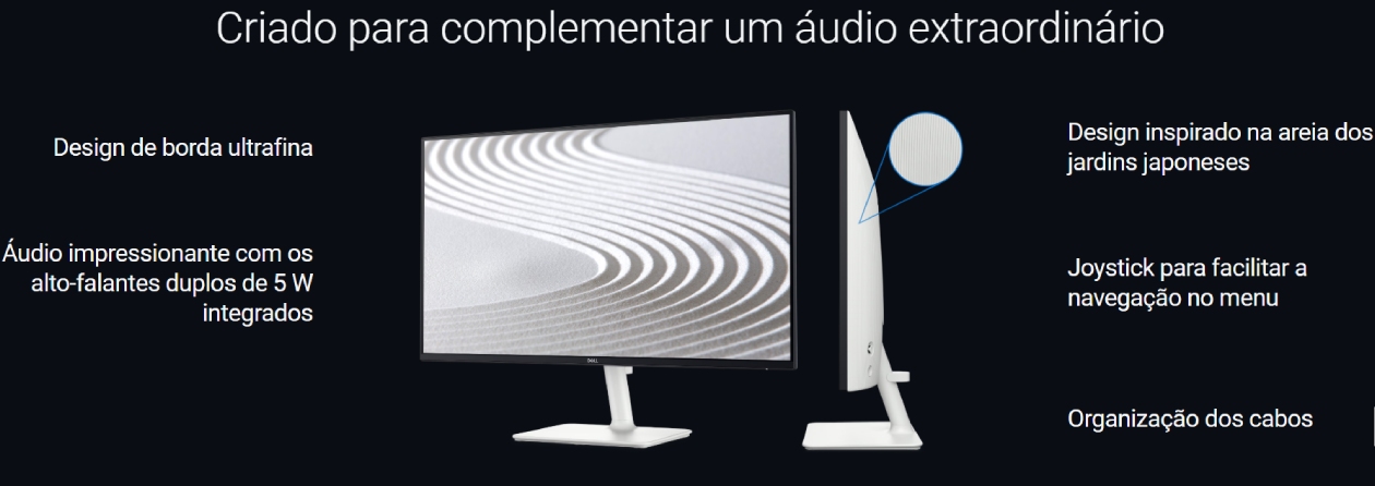 Monitor Dell S2425H Plus branco em angulo frontal e lateral mostrando bordas ultrafinas alto-falantes 5W e joystick de menu