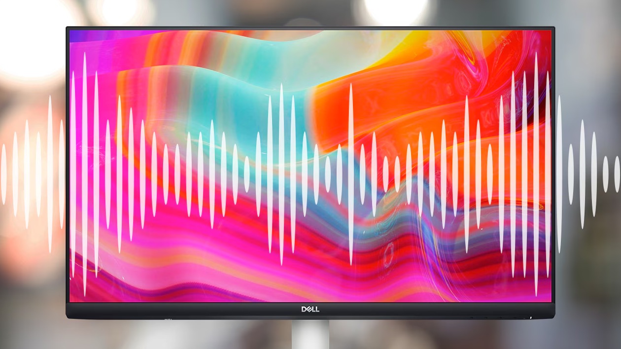 Monitor Dell S2425H Plus branco com tela exibindo cores vibrantes e ondas sonoras ilustrando os alto-falantes integrados de 5W
