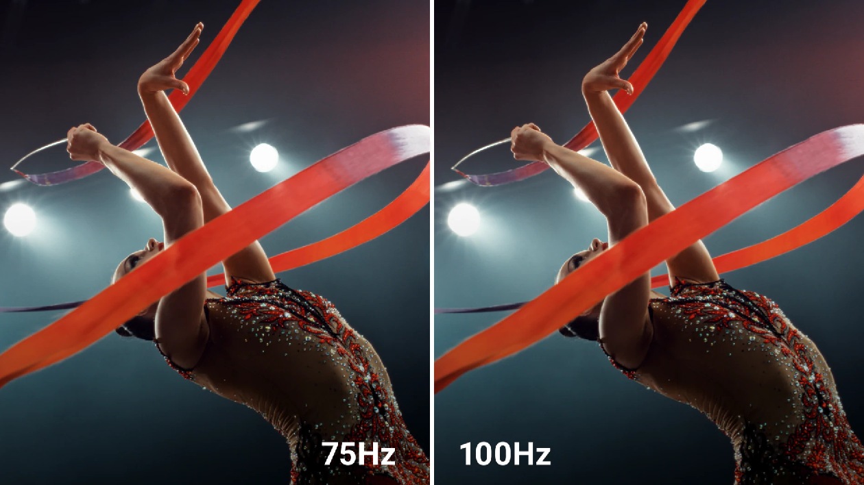 Comparativo na tela do monitor Dell S2425H Plus entre 75Hz e 100Hz mostrando movimento de ginasta para demonstrar a fluidez