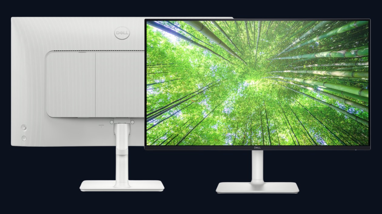 Monitor Dell S2425H Plus branco em angulo frontal e lateral com selo Energy Star no canto inferior direito