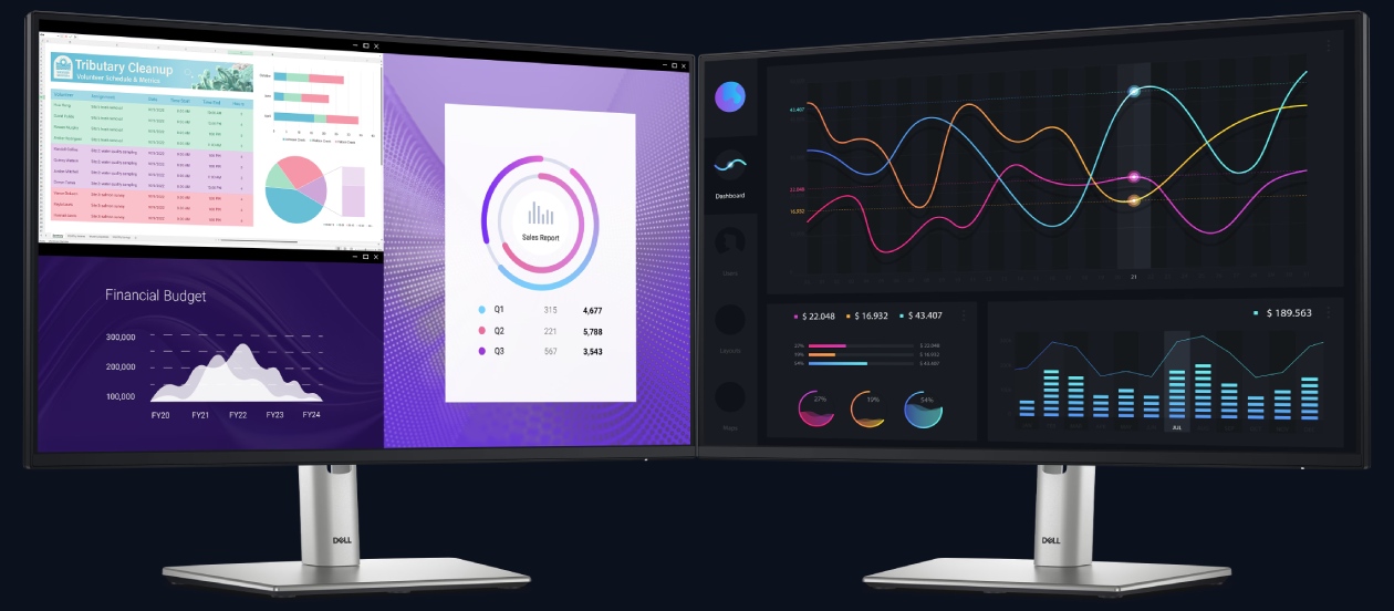 Dois monitores Dell P2425HE Pro Plus lado a lado em setup multi-monitor com dashboards exibidos nas telas