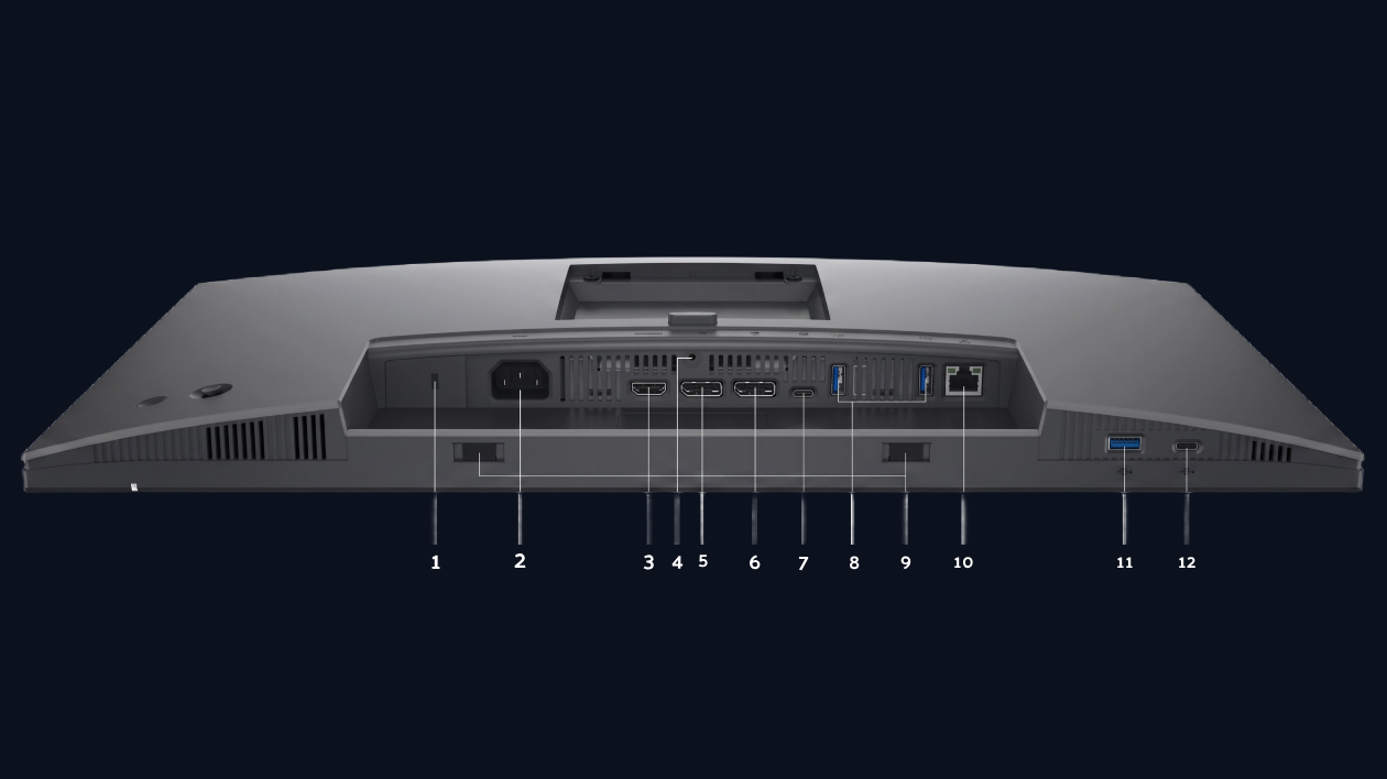 Painel traseiro do monitor Dell P2425HE Pro Plus mostrando portas HDMI DP DP-out USB-C 90W USB-A RJ45 e slot Kensington