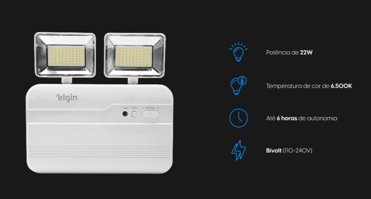 Lumin&aacute;ria de emerg&ecirc;ncia LED Elgin 48LEM2KL2200 branca com especifica&ccedil;&otilde;es t&eacute;cnicas de 22W, 2200 lumens, 6500K e bivolt