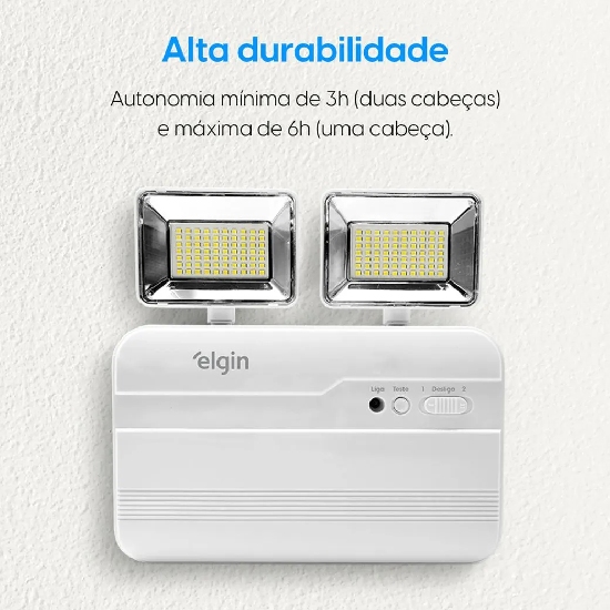 Lumin&aacute;ria de emerg&ecirc;ncia Elgin 48LEM2KL2200 com destaque para alta durabilidade e autonomia de 3h com duas cabe&ccedil;as ou 6h com uma cabe&ccedil;a