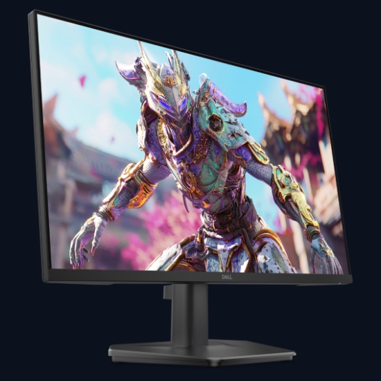 Monitor gamer Dell SE2426HG preto em angulo frontal exibindo personagem de jogo em armadura colorida no painel IPS Full HD 240Hz
