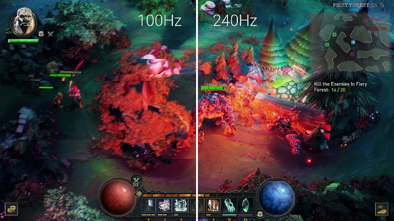 Comparativo na tela do monitor Dell SE2426HG entre 100Hz e 240Hz mostrando cena de jogo para demonstrar a fluidez