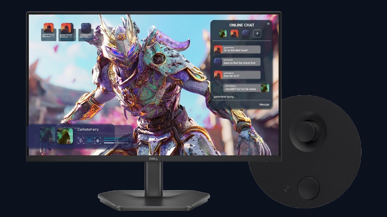 Setup gamer com monitor Dell SE2426HG exibindo jogo com chat ao lado de acessorio gamer mostrando a tecnologia AMD FreeSync Premium em acao