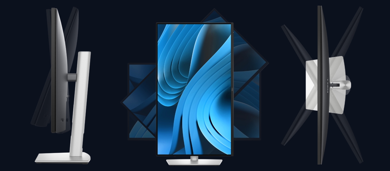 Monitor Dell P2725QE Pro Plus 4K em tres perspectivas frontal lateral e traseira destacando suporte ergonomico com altura inclinacao rotacao pivot e VESA