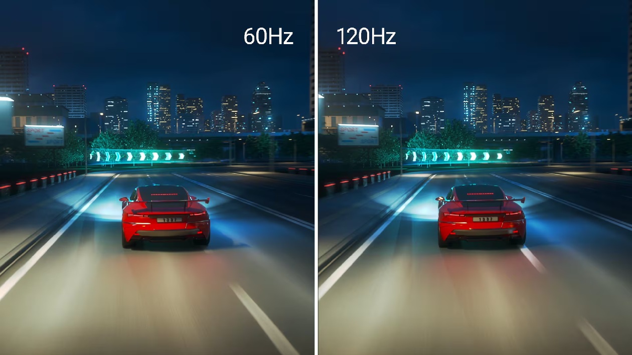 Comparativo na tela do monitor Dell S2725QS entre 60Hz e 120Hz mostrando cena de carro em rodovia &agrave; noite para demonstrar a fluidez