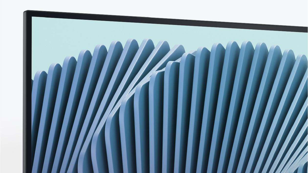 Close da tela do monitor Dell S2725QS mostrando molduras ultrafinas de 7,37mm com padr&atilde;o de listras azuis em 4K UHD