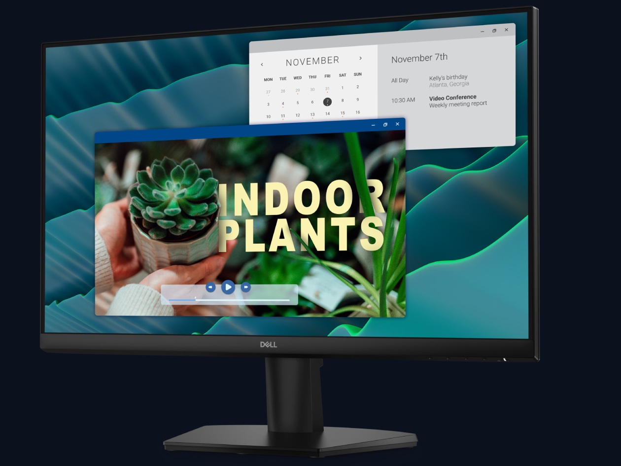 Monitor Dell SE2426H preto em &acirc;ngulo frontal exibindo m&uacute;ltiplas janelas de calend&aacute;rio v&iacute;deo e agenda no painel IPS Full HD 144Hz