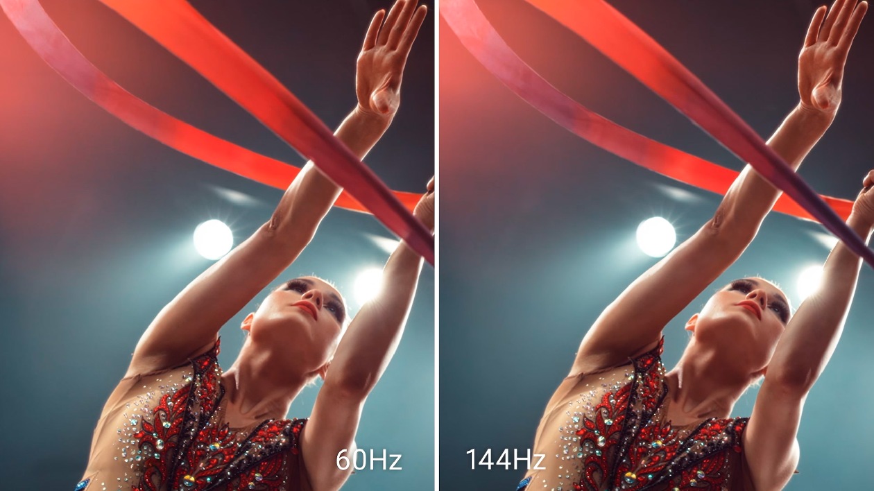 Comparativo na tela do monitor Dell SE2426H entre 60Hz e 144Hz mostrando movimento de ginasta para demonstrar a fluidez