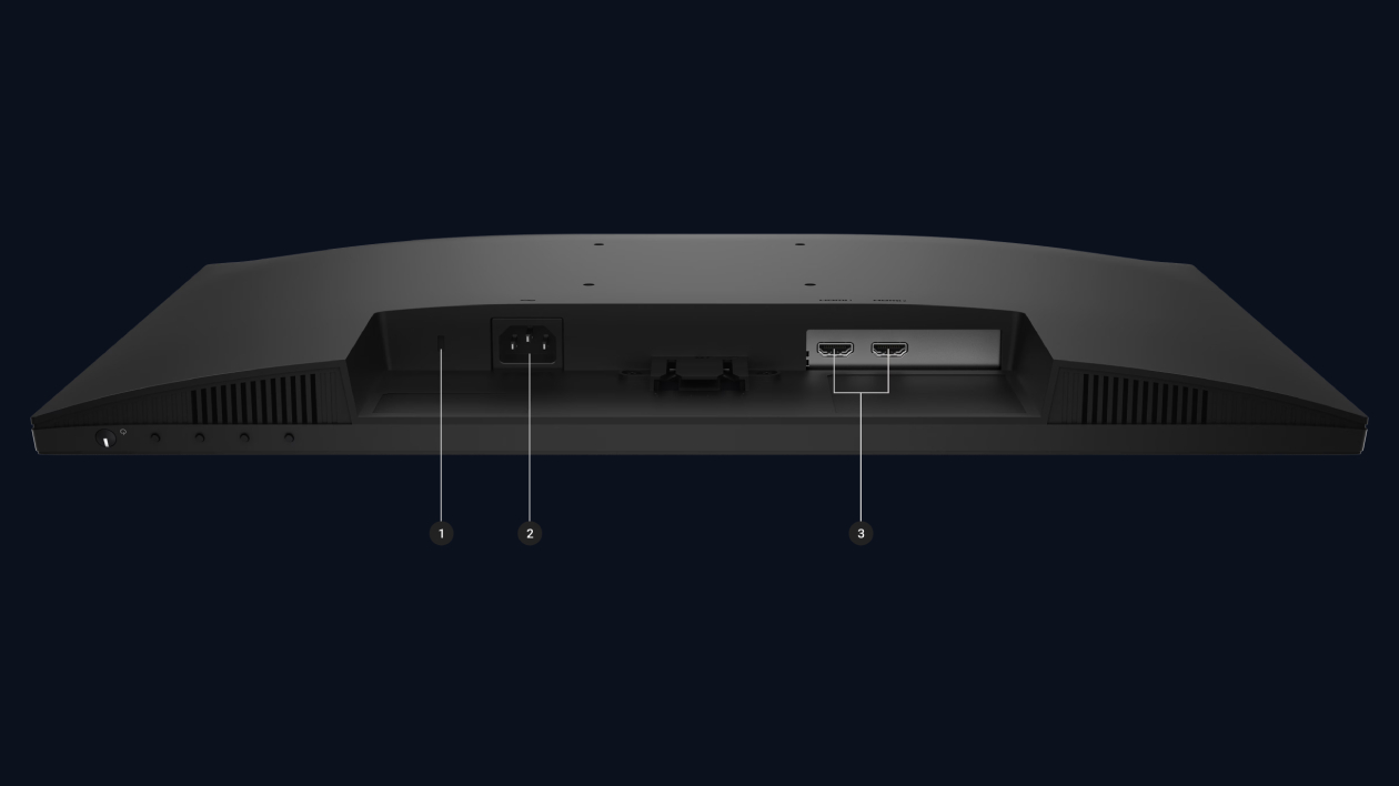 Parte traseira do monitor Dell SE2426H mostrando porta HDMI conector de alimenta&ccedil;&atilde;o slot de bloqueio de cabo e base de suporte com branding Dell