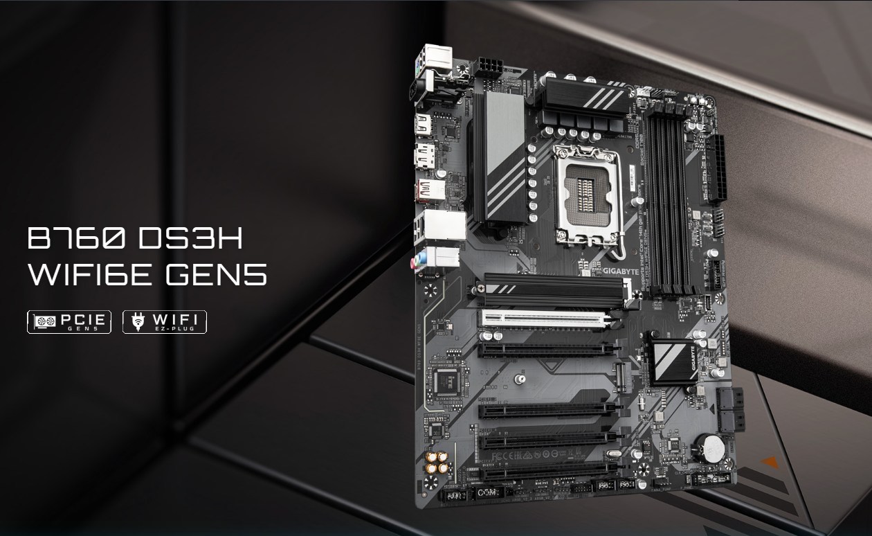 Placa-m&atilde;e Gigabyte B760 DS3H WiFi 6E em &acirc;ngulo diagonal exibindo layout ATX completo com slots RAM PCIe M.2 dissipadores VRM e painel traseiro I/O