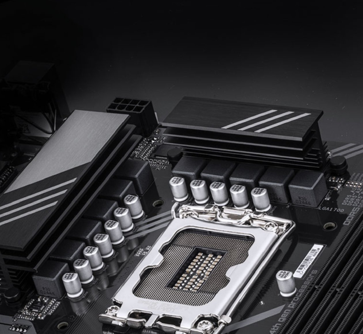 Close-up do socket LGA 1700 e dissipadores VRM da placa-m&atilde;e Gigabyte B760 DS3H WiFi 6E mostrando design preto com listras brancas e &aacute;rea do processador